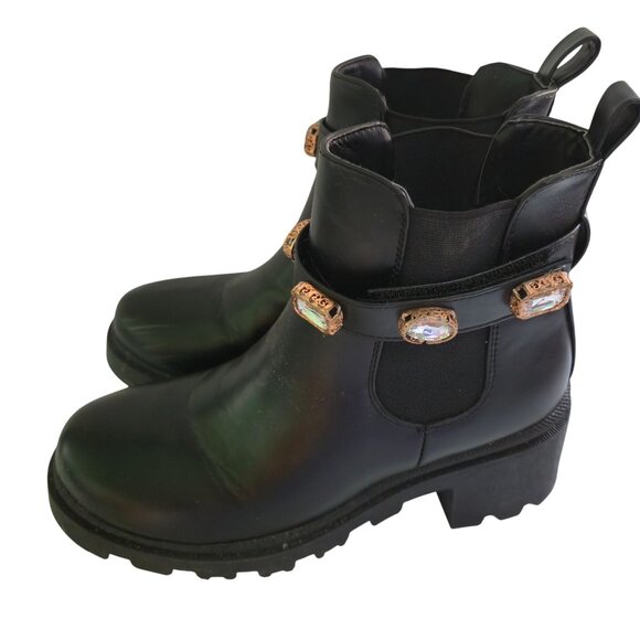 Sugar Favorite Rhinestone Embellished Black Faux Leather Chelsea Boots Size 8M - Picture 3 of 10